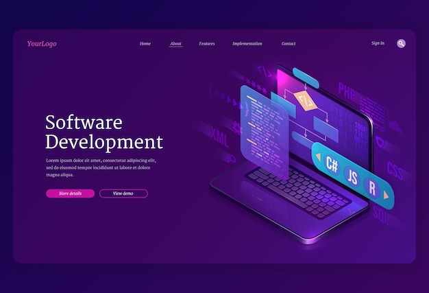 Free Vector software development isometric landing page. website or program coding cross platform, algorithm programming languages interface on computer screen, technology process, app creation 3d banner