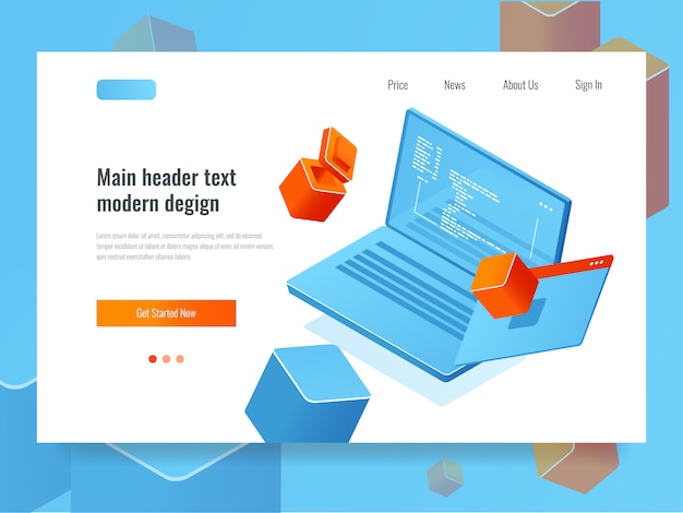 Free Vector software development, programming, laptop with code and screen, program refactor 