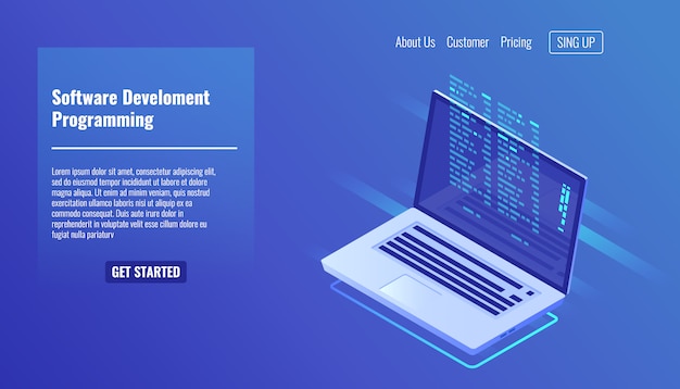 Free Vector software development and programming, program code on laptop screen