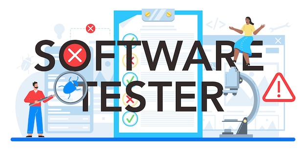 Free Vector software tester typographic header application or website code test process it specialist searching for bugs idea of computer technology digital analysis vector flat illustration