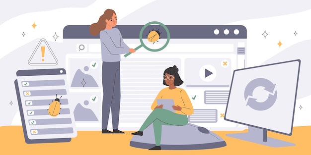 Free Vector software testing background with bug and error symbols flat vector illustration