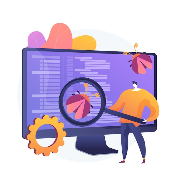 Free Vector software testing. programmer cartoon character with magnifier looking for defects in programme, application. software bugs, errors, risks. vector isolated concept metaphor illustration