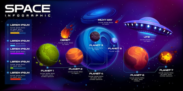 Free Vector space infographic illustration with planets and asteroids