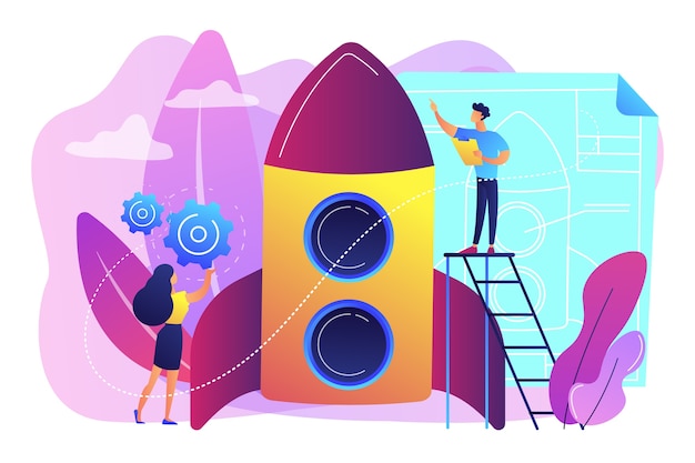 Free Vector space technology specialist and engineer constructing rocket, tiny people. space technology, aerospace industry, space exploration process concept. bright vibrant violet  isolated illustration