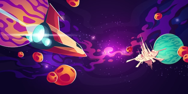 Free Vector spaceship in outer space with planets or asteroids