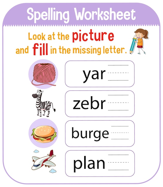 Free Vector spelling worksheet template for kids