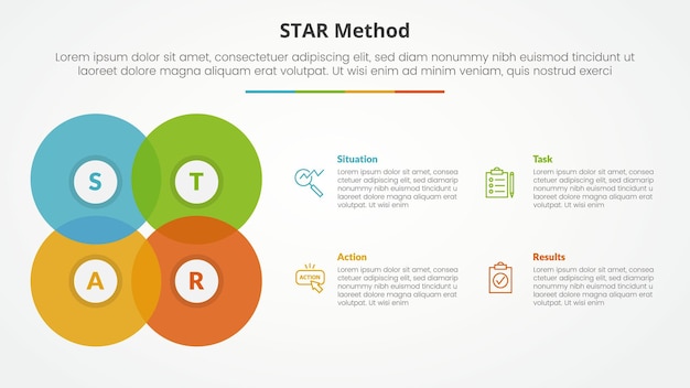 Free Vector star method infographic concept for slide presentation with big circle blending create square shape with 4 point list with flat style