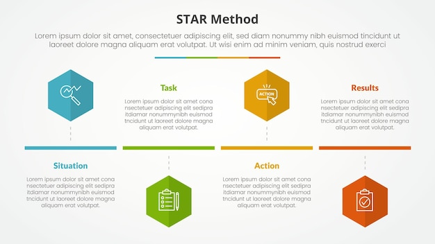 Free Vector star method infographic concept for slide presentation with hexagon or hexagonal shape timeline style with 4 point list with flat style