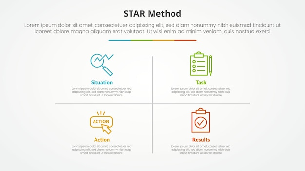 Free Vector star method infographic concept for slide presentation with matrix structure and line divider with 4 point list with flat style