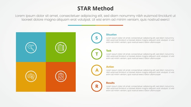 Free Vector star method infographic concept for slide presentation with square box matrix with circle outline stack with 4 point list with flat style