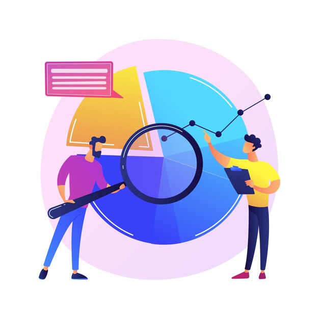 Free Vector statistical analysis. man cartoon character with magnifying glass analyzing data. circular diagram with colorful segments. statistics, audit, research.  