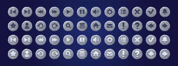 Free Vector stone texture buttons for game or app interface menu ui design elements set user key arrow gear pause and notification bell replay zoom settings message home page question star vector icons