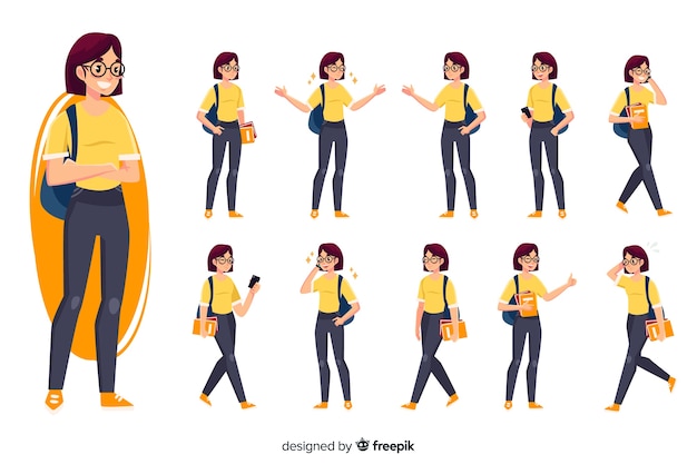 Free Vector student set with different postures