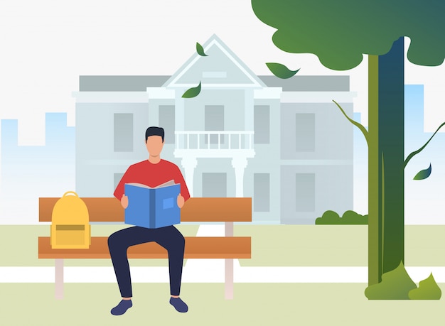 Free Vector student studying and reading textbook on bench in campus park