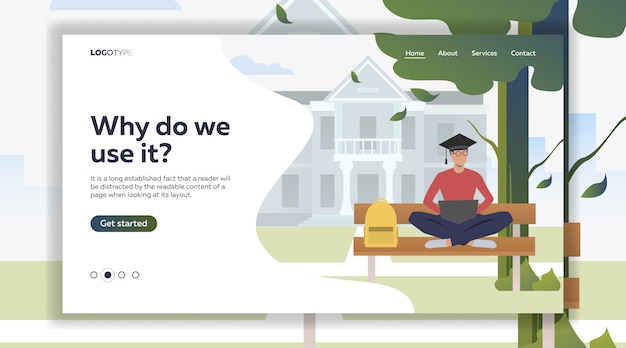 Free Vector student studying and using laptop on bench in campus park