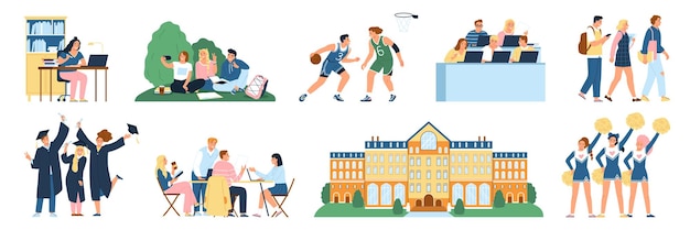 Free Vector students flat icons set with university buildings and campus life scenes isolated vector illustration