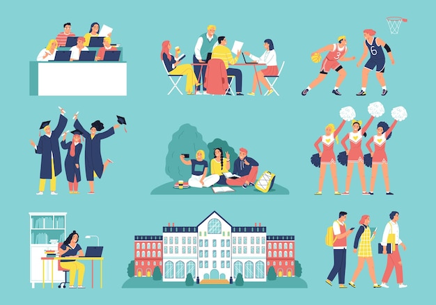Free Vector students flat icons set with university campus life scenes isolated vector illustration