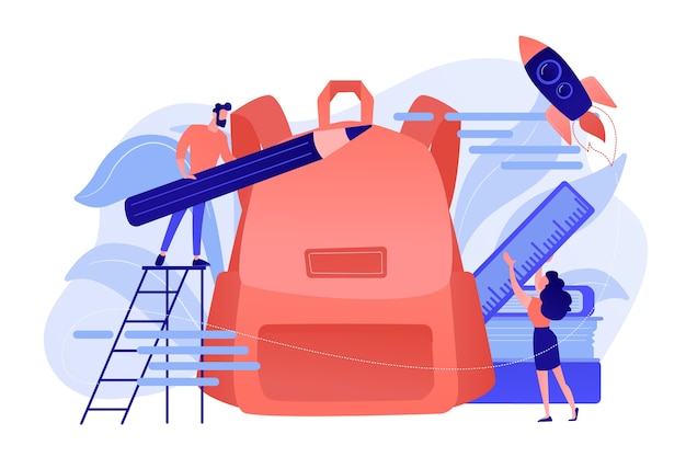 Free Vector students put pencil and ruler into backpack. back to school bash services, free backpacks and school supplies, preparing for new school year concept