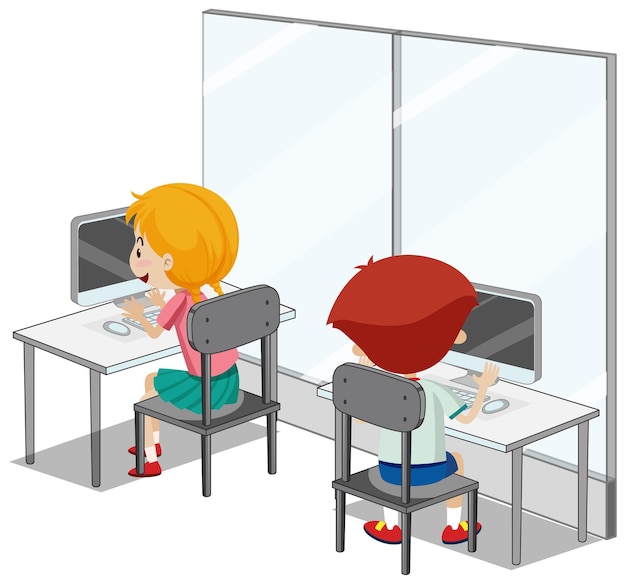 Free Vector students with computer classroom elements on white background