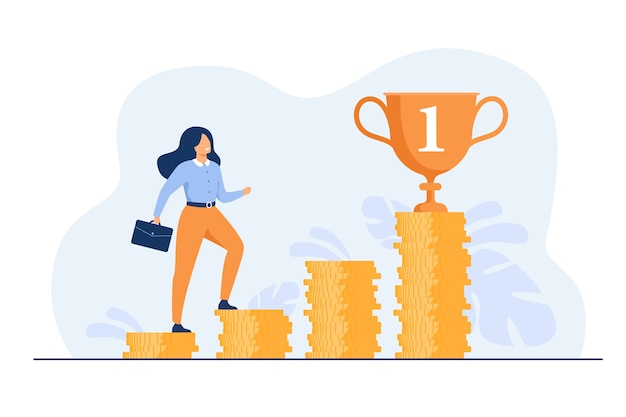 Free Vector successful woman climbing stairs from stacks of coins flat illustration.