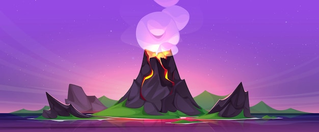 Free Vector sunset or sunrise landscape with volcano erupt