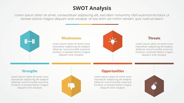 Free Vector swot business framework strategic template infographic concept for slide presentation with hexagon or hexagonal shape timeline style with 4 point list with flat style vector