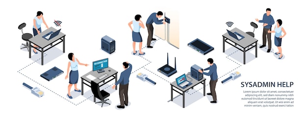 Free Vector sysadmin helping office worker fixing internet connection 3d isometric infographics illustration