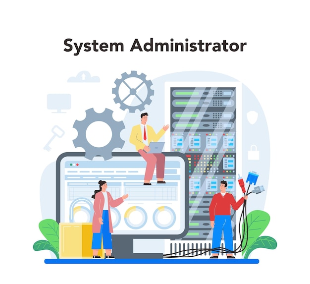 Free Vector system administrator technical work with server software installation troubleshooting online security configuration of computer systems and networks flat vector illustration