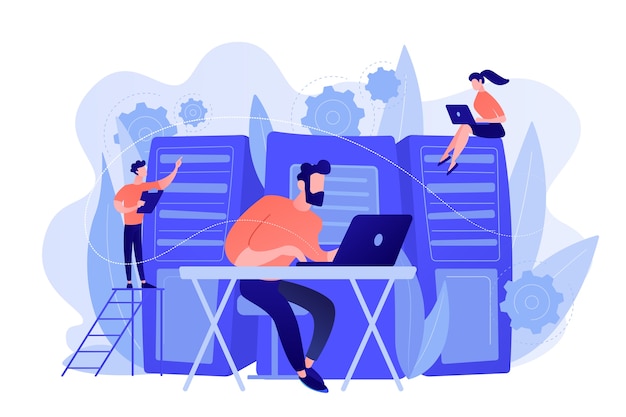 Free Vector system administrators or sysadmins are servicing server racks. system administration, upkeeping, configuration of computer systems and networks concept. pinkish coral blue palette. vector illustration