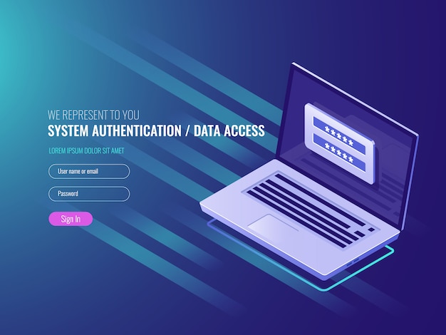 Free Vector system of authentication, data access, user login form on laptop screen
