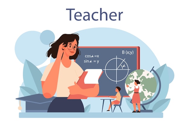 Free Vector teacher concept profesor standing in front of the blackboard school or college workers with professional discipline tools idea of education and knowledge flat vector illustration