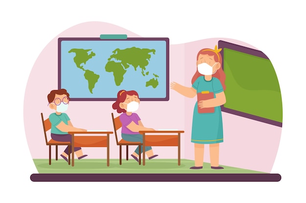 Free Vector teacher and students wearing face mask in class