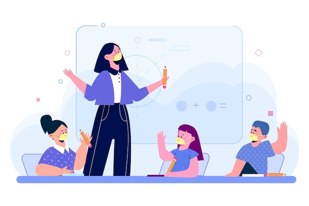 Free Vector teacher and students wearing face mask in class