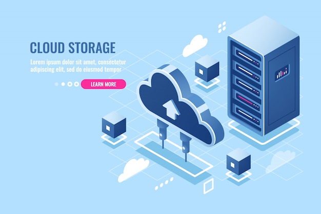 Free Vector technology of cloud data storage, server room rack, database and data center isometric icon