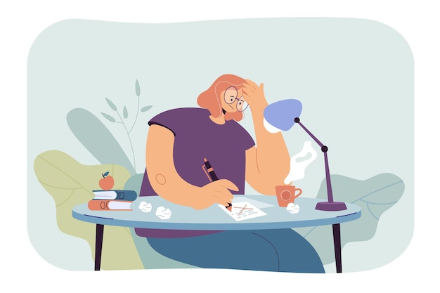 Free Vector thoughtful female writer going through creative crisis and doubts while writing new article or novel. cartoon illustration