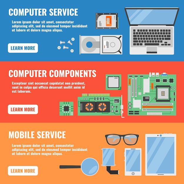 Free Vector three horizontal computer service banner set with descriptions of computer computer  components and mobile service vector illustration