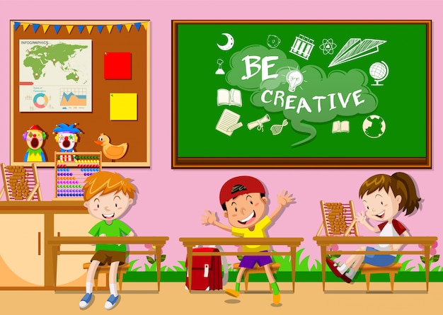 Free Vector three kids learning in classroom