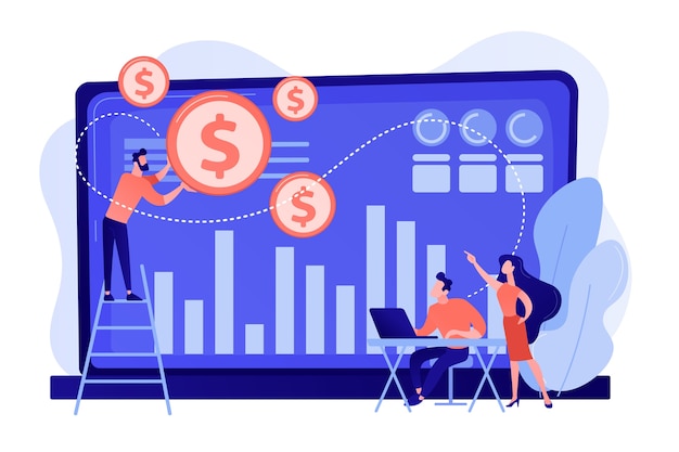 Free Vector tiny business people and analysts transforming data into money. data monetization, monetizing of data services, selling of data analysis concept