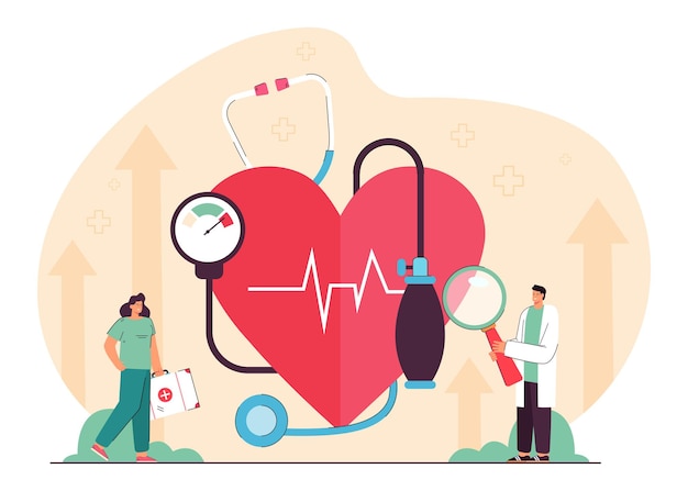 Free Vector tiny cardiology doctor and nurse examining heart, blood pressure, prescribing treatment. medical cardiovascular checkup flat vector illustration. anatomy, hospital, heart diseases, health care concept