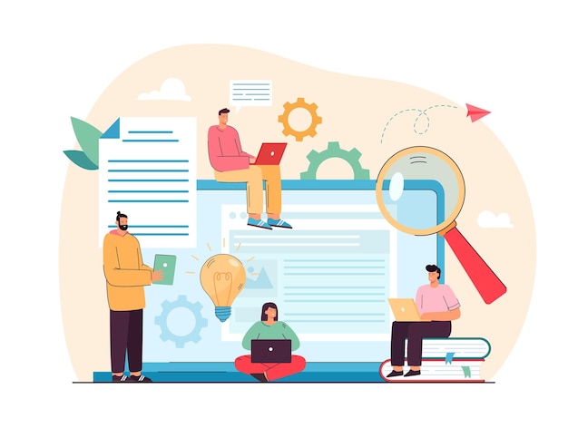 Free Vector tiny content writers creating web articles flat illustration