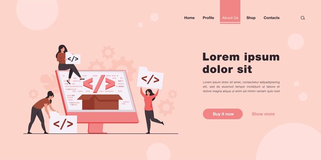 Free Vector tiny developers programming website for internet platform landing page in flat style