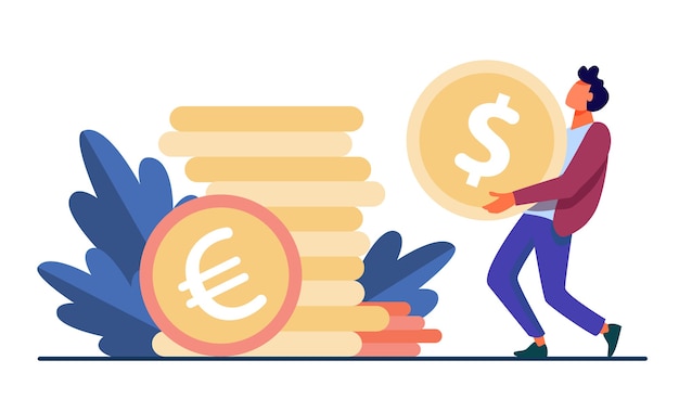 Free Vector tiny guy carrying huge gold coin. dollar, cash, money flat vector illustration. finance and banking