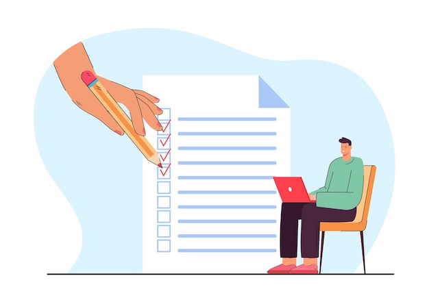Free Vector tiny man sitting on chair with laptop on checklist background