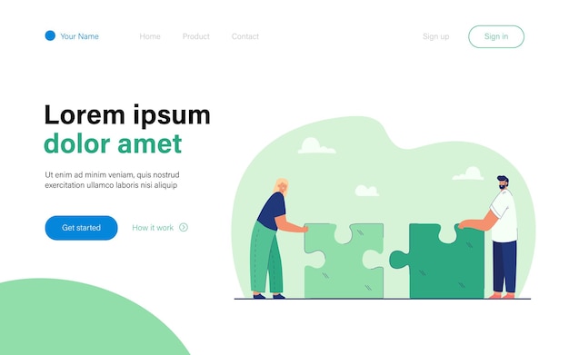 Free Vector tiny man and woman putting together giant puzzle landing page template