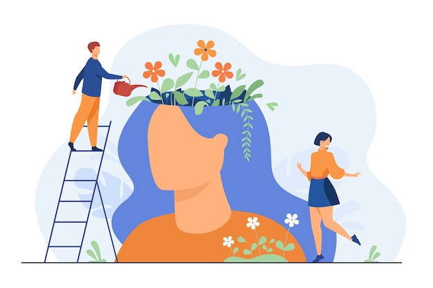 Free Vector tiny people and beautiful flower garden inside female head isolated flat illustration.