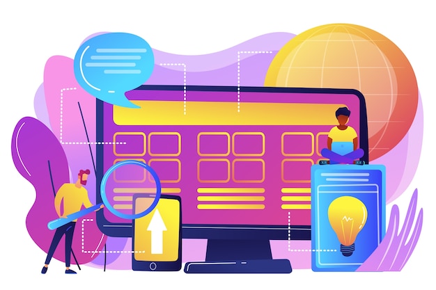 Free Vector tiny people developers at computer working on core system. core system development, all in one software solution, core system modernization concept.  