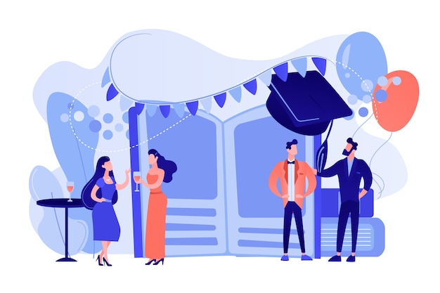 Free Vector tiny people high school students in dresses and suits chatting at promenade dance. prom party, prom night invitation, promenade school dance concept. pinkish coral bluevector isolated illustration