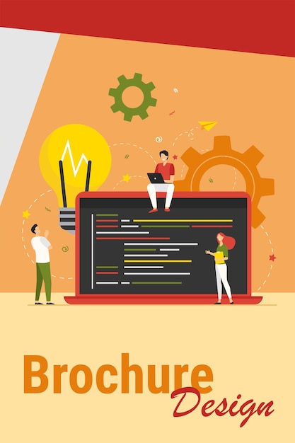 Free Vector tiny programmers coding new project isolated flat vector illustration. cartoon coders, developers and computer engineers sitting on big laptop with script. software and digital technology concept