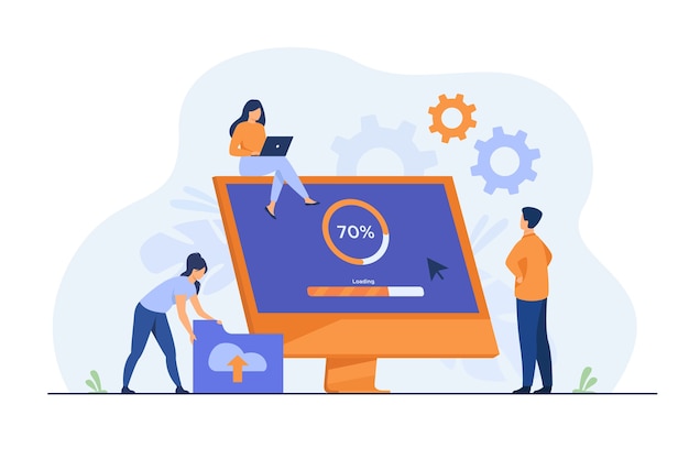 Free Vector tiny programmers upgrading operation system of computer isolated flat illustration.