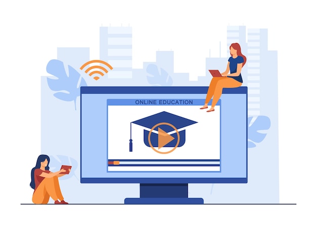 Free Vector tiny women learning online on computer